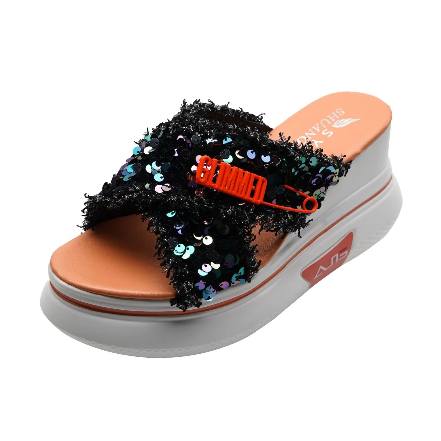 Premium black sequin sponge cake wedge sandals with a fashionable fish-mouth toe design and thick, supportive rubber sole