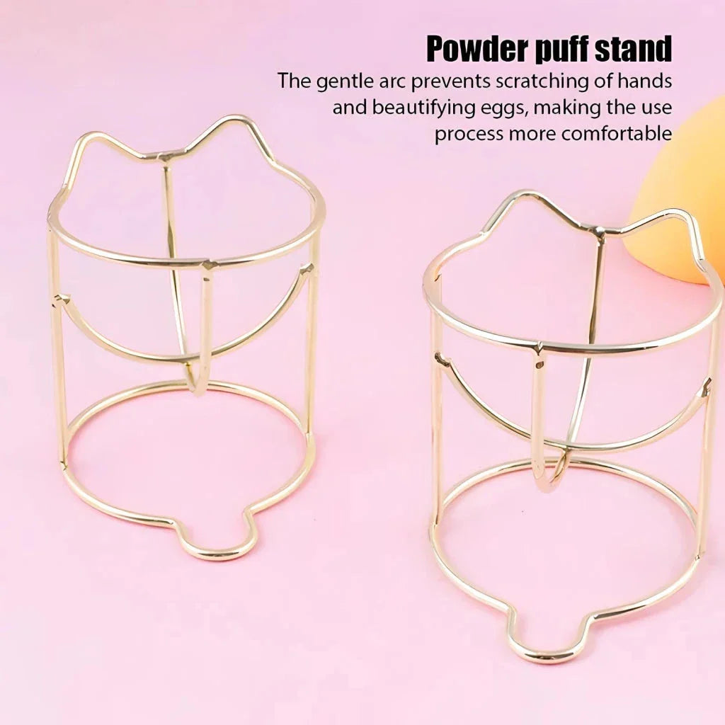 Elegant stainless steel makeup sponge drying rack in gold and rose gold finishes, designed to keep your beauty tools organised and fresh.
