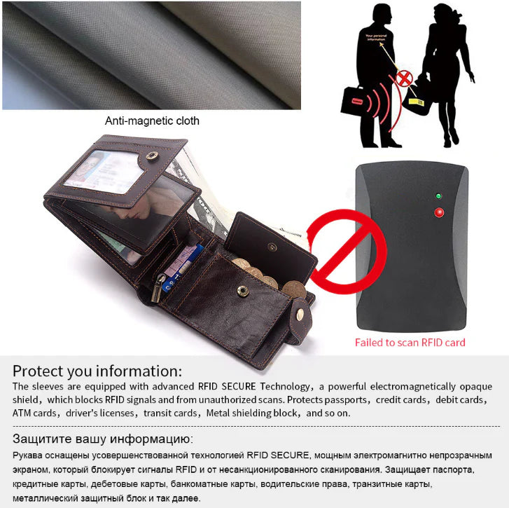 Premium British cowhide leather wallet with multi-card design and anti-magnetic protection