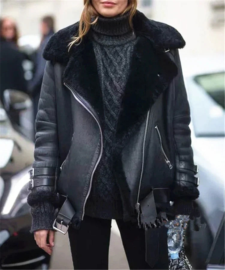 Warm faux leather jacket with plush faux fur lining, available in classic British colours for autumn and winter wear.