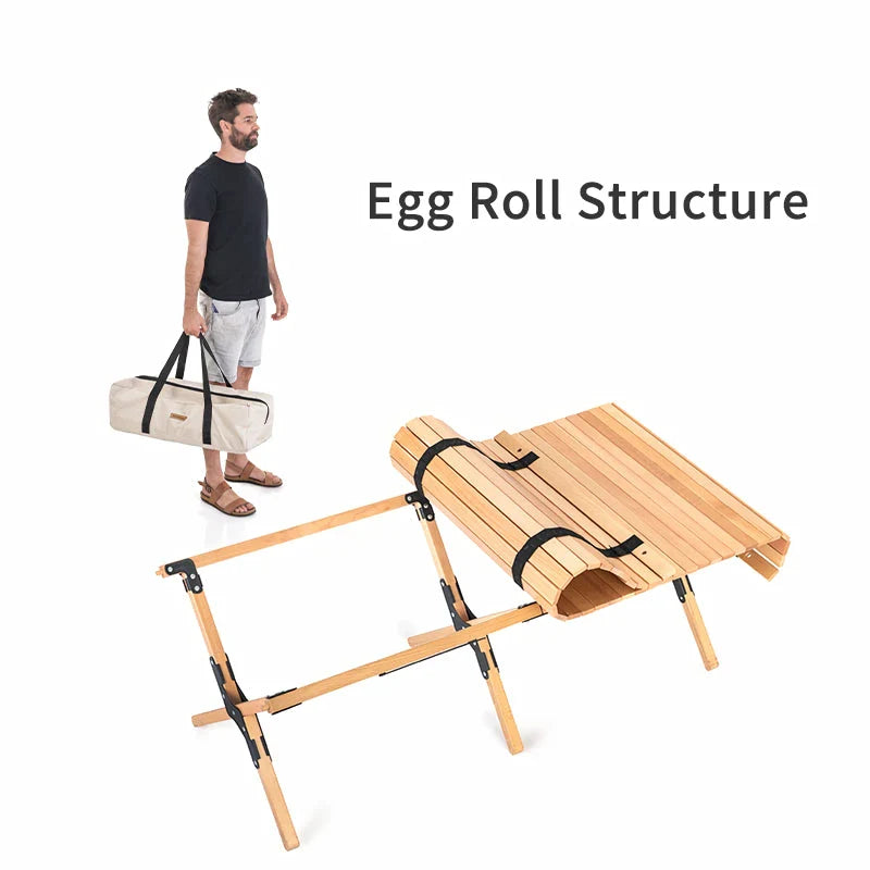 Outdoor Folding Egg Roll Table made from premium beech wood, perfect for camping, picnics, and other outdoor activities in the UK