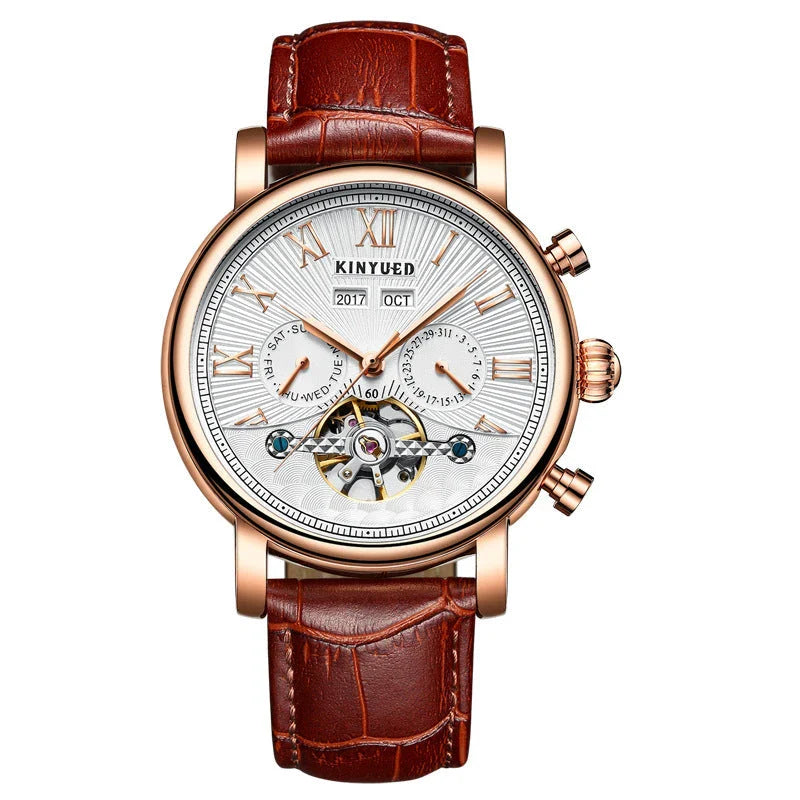Automatic mechanical watch with genuine leather strap, featuring a stylish hollow-out dial design