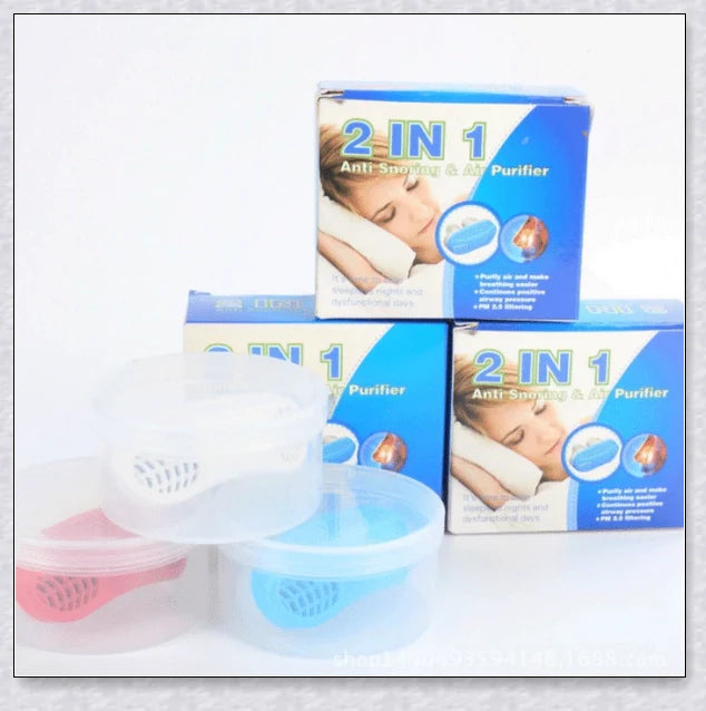 Maskless, cordless anti-snoring device for sleep apnea relief, featuring innovative air filtration system and compact, discreet design