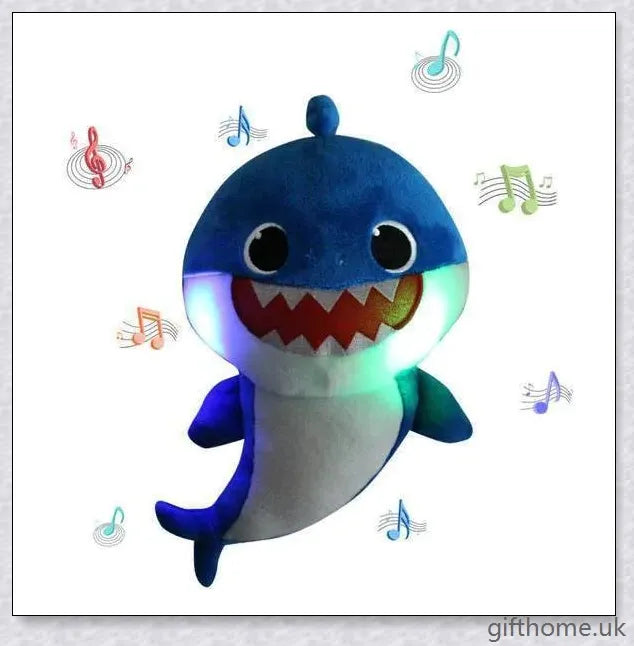 Soft and cuddly Baby Shark plush toy with captivating lights and music, perfect for young children's playtime