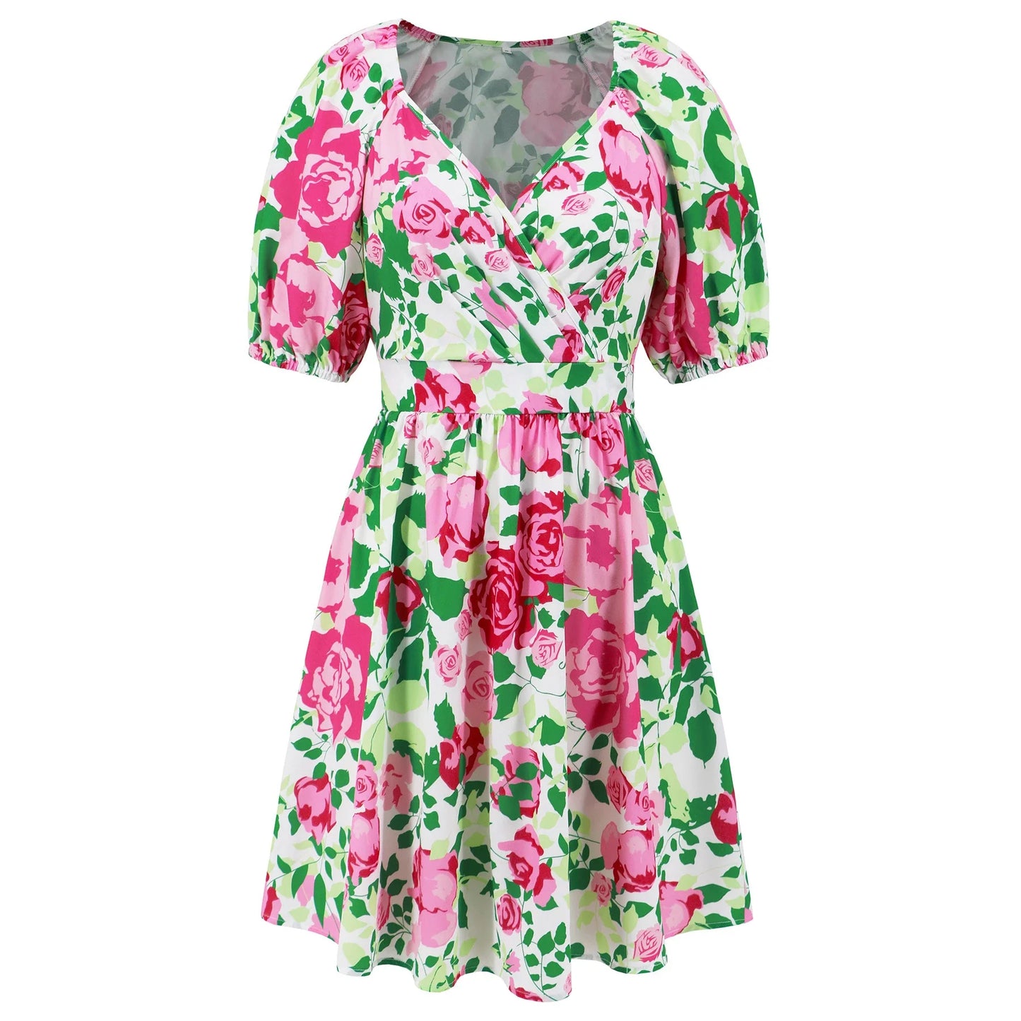 Stylish lantern-sleeve v-neck beach dress in vibrant summer colours, featuring a flattering fit and comfortable stretch fabric