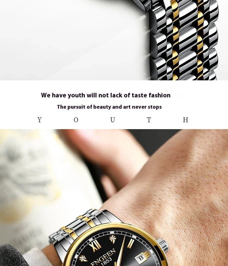 Premium automatic mechanical watch with leather strap, featuring a stainless steel case, luminous hands and markers, and a stylish British-inspired design