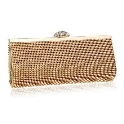 Glamorous gold rhinestone evening clutch with elegant chain and diamond decorations, perfect for UK special occasions