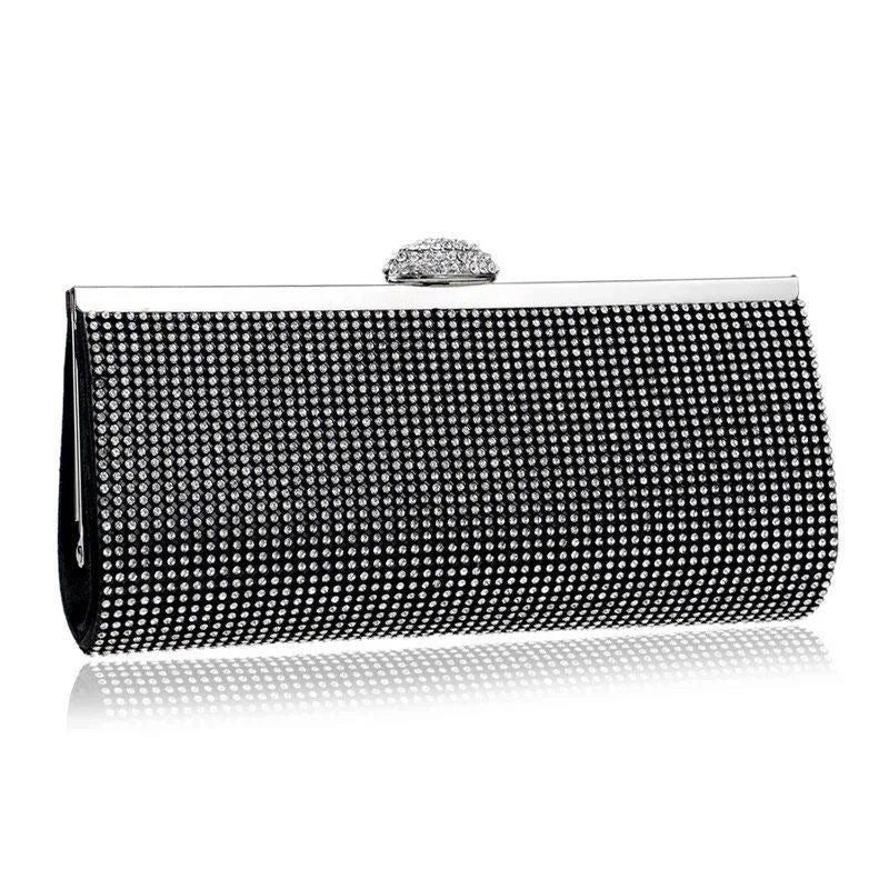 Glamorous gold rhinestone evening clutch with elegant chain and diamond decorations, perfect for UK special occasions
