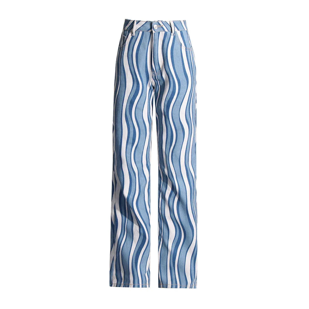 Women's high-waist striped denim trousers in a stylish blue colour, featuring a unique pattern and functional design for everyday wear.