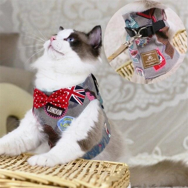 Premium cat harness with adjustable straps and leash for outdoor adventures, featuring a sophisticated gentleman's style design.