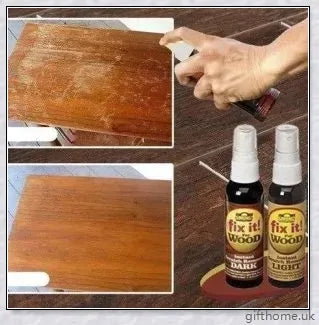 A bottle of premium wood scratch repair spray with a light and dark colour option for blending seamlessly with various wood tones.