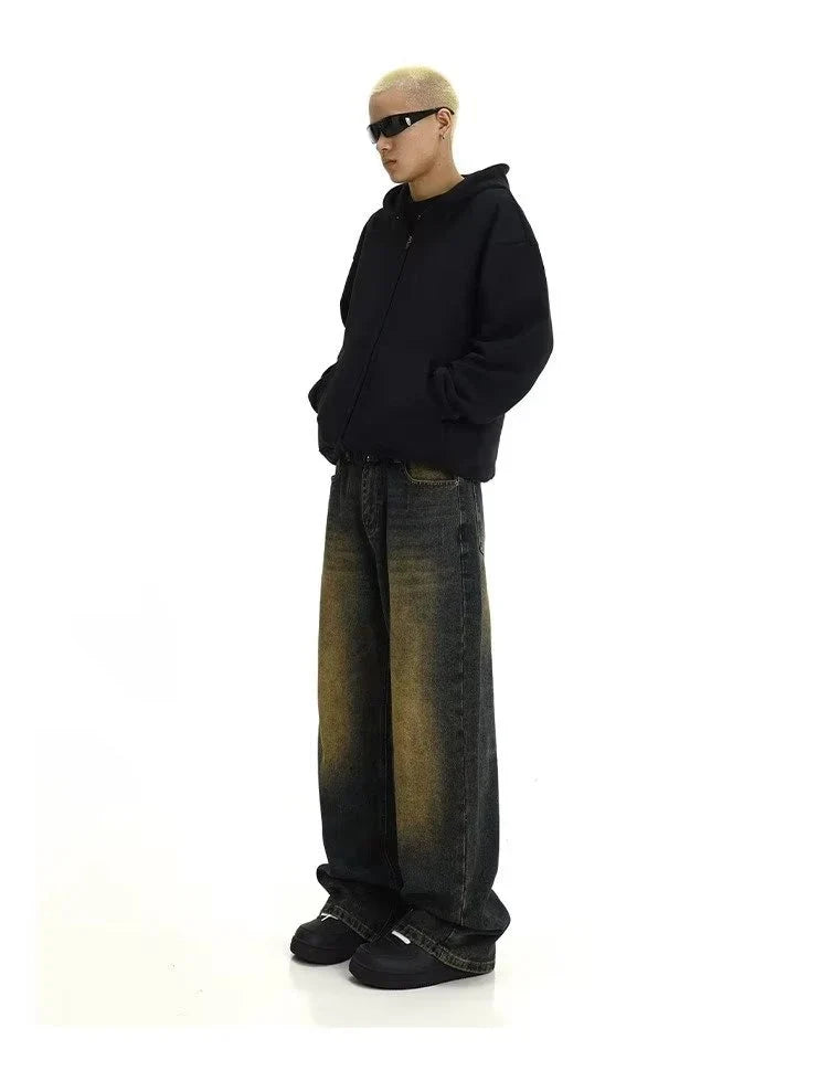 Premium retro blue vintage-inspired men's jeans with relaxed fit and sustainable cotton construction