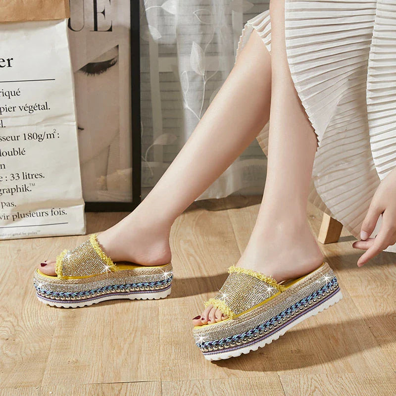 Stylish sponge cake elevated women's slippers in beige, black, and yellow colours