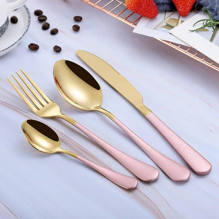 Premium eco-friendly stainless steel tableware set including knife, fork, spoon, and tea spoon in a sophisticated frosted finish