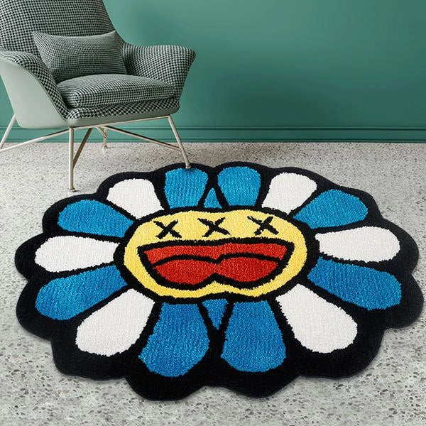 Cheerful smiling face tufted carpet in pink and blue colours, a plush and comfortable home decor item
