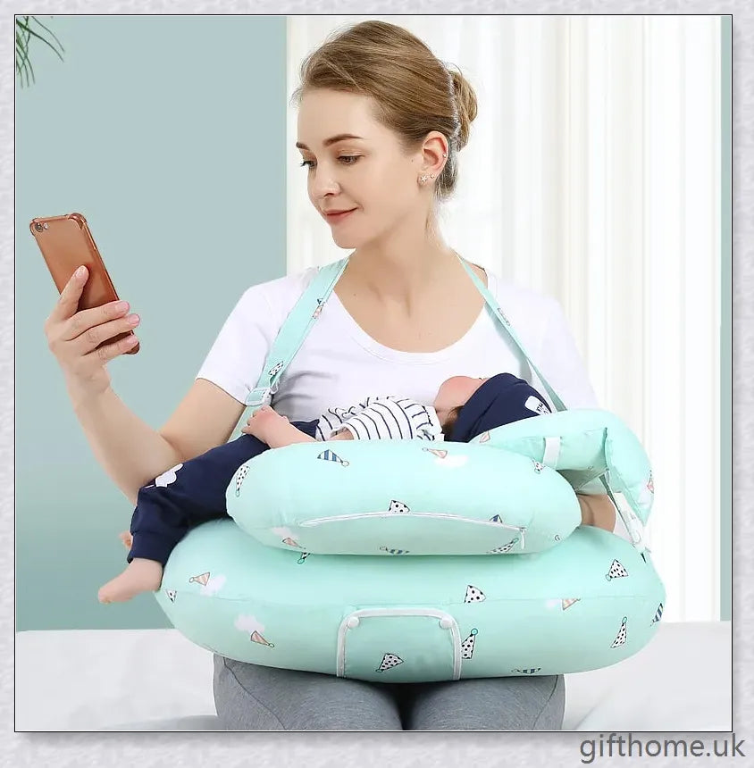 Premium breastfeeding nursing pillow with adjustable buckle, soft cotton fabric, and extra cushioning to support baby's head and prevent reflux.