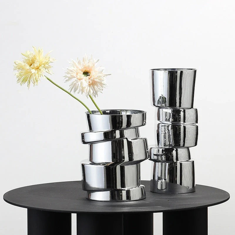 Electroplated silver glass vase with a modern, geometric design for home decor