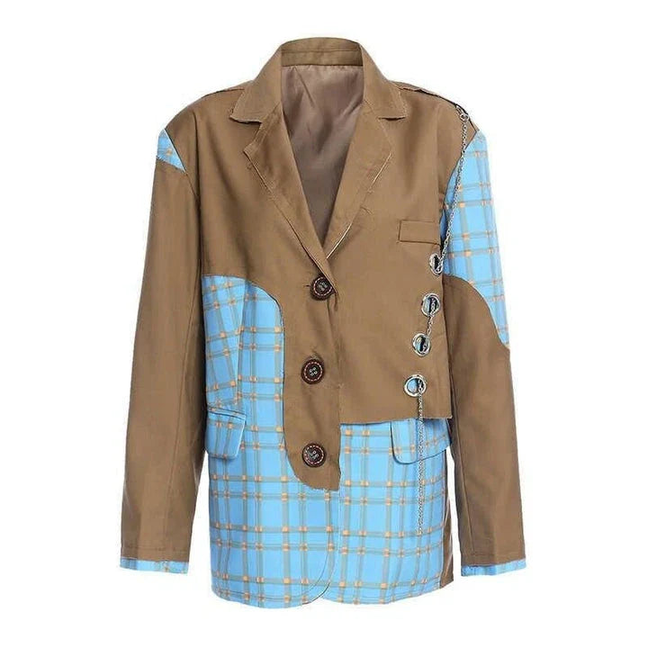 Sophisticated Checkered Blazer with Chain Accent for Women