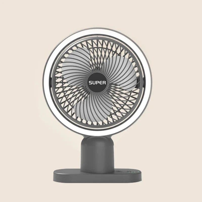 Compact USB-powered desk fan with three-speed airflow and built-in lighting for versatile workspace cooling and illumination