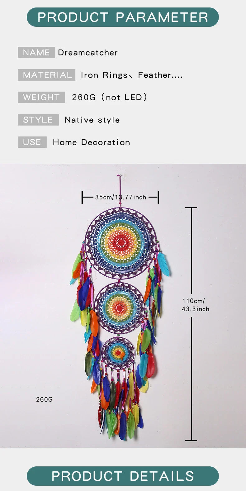 Colourful three-ring dreamcatcher wall hanging with feathers and beads, a unique and eye-catching home decor accent