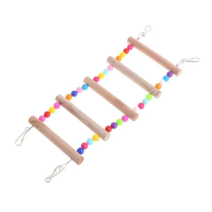 Sturdy wooden rainbow ladder with two hanging hooks, designed as a colourful climbing toy for pet birds