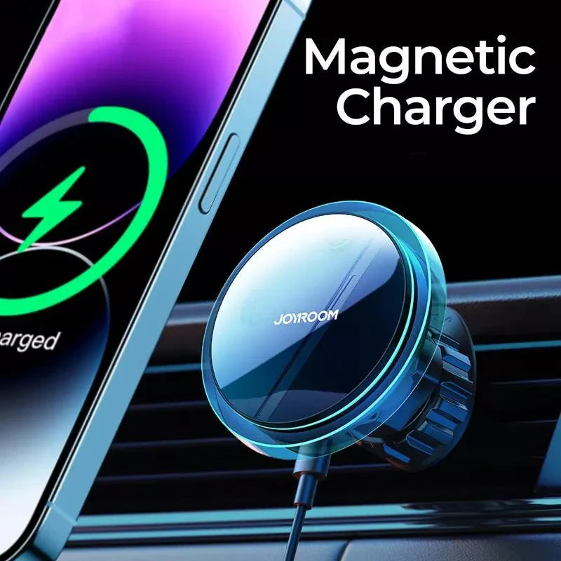 Magnetic wireless car charger in black with CD pattern mirror surface and blue LED lighting