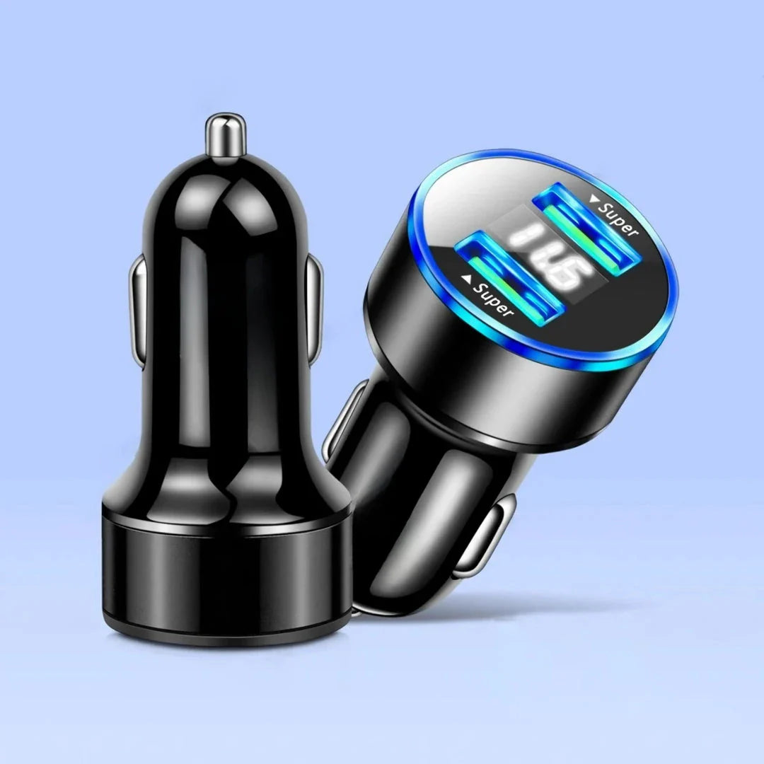 A sleek and durable 240W dual USB car charger with a digital display, perfect for keeping your devices charged on the road.