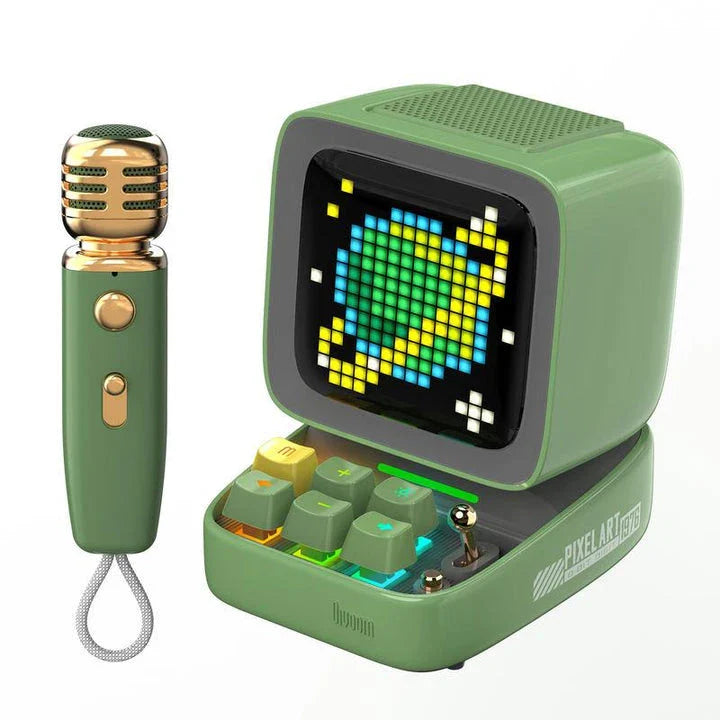 Ditoo-Mic Bluetooth Speaker with pixel art display, karaoke microphone, and retro design
