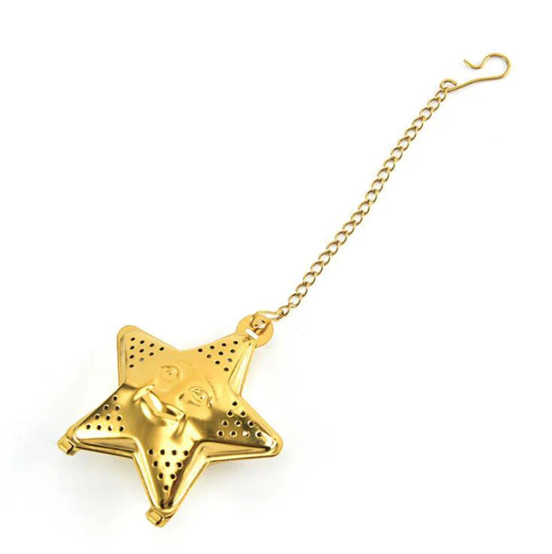 Adjustable stainless steel star-shaped tea infuser for brewing loose leaf tea with hanging mechanism