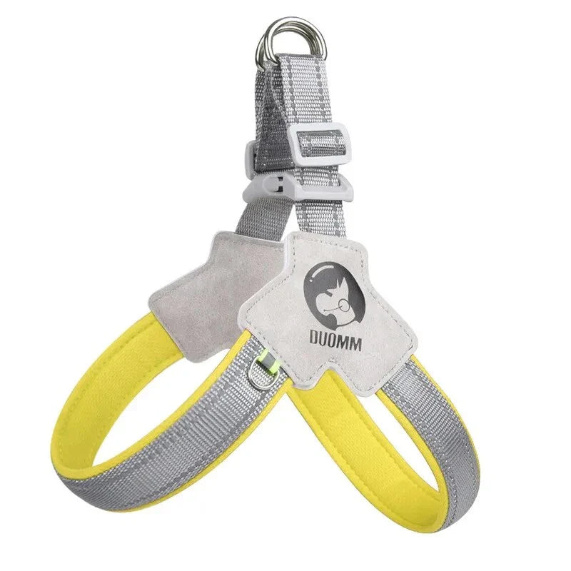 Reflective mesh dog harness vest with adjustable straps for a secure and comfortable fit, designed for safe and stylish walks with your canine companion.
