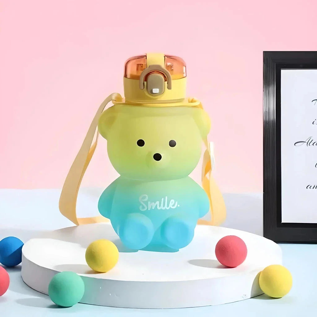 Charming gradient bear-patterned reusable water bottle with straw for convenient hydration on the go