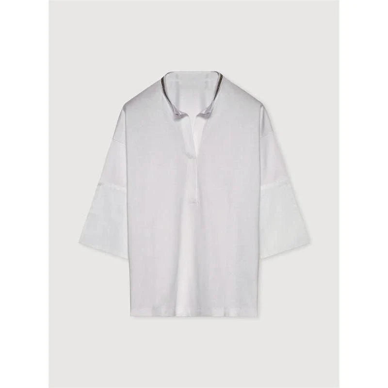 Stylish bead-embellished split-hem t-shirt in white, designed for the modern British woman with a touch of elegance and comfort.
