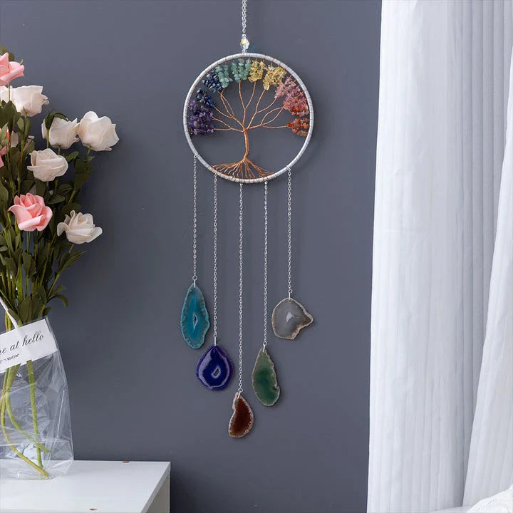 Mesmerising Moon Agate Crystal Pendant Dream Catcher with a stunning array of colourful agate crystals