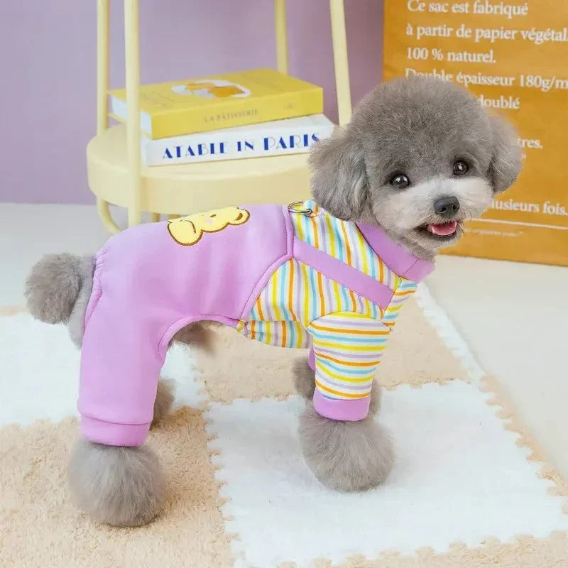 Cosy striped dog jumpsuit pyjamas in various sizes, providing warmth and comfort for your furry friend during the autumn season.