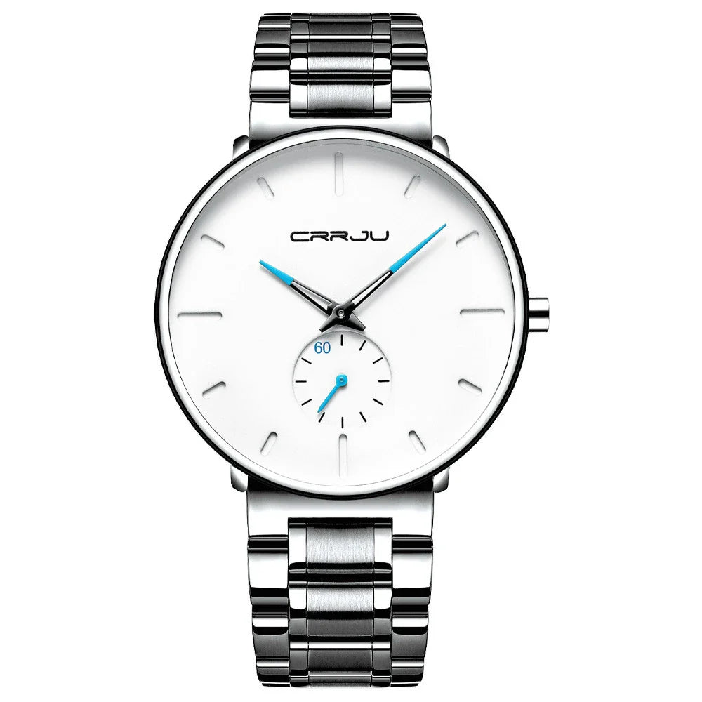 A stylish stainless steel waterproof watch with a sleek design and various coloured needle options