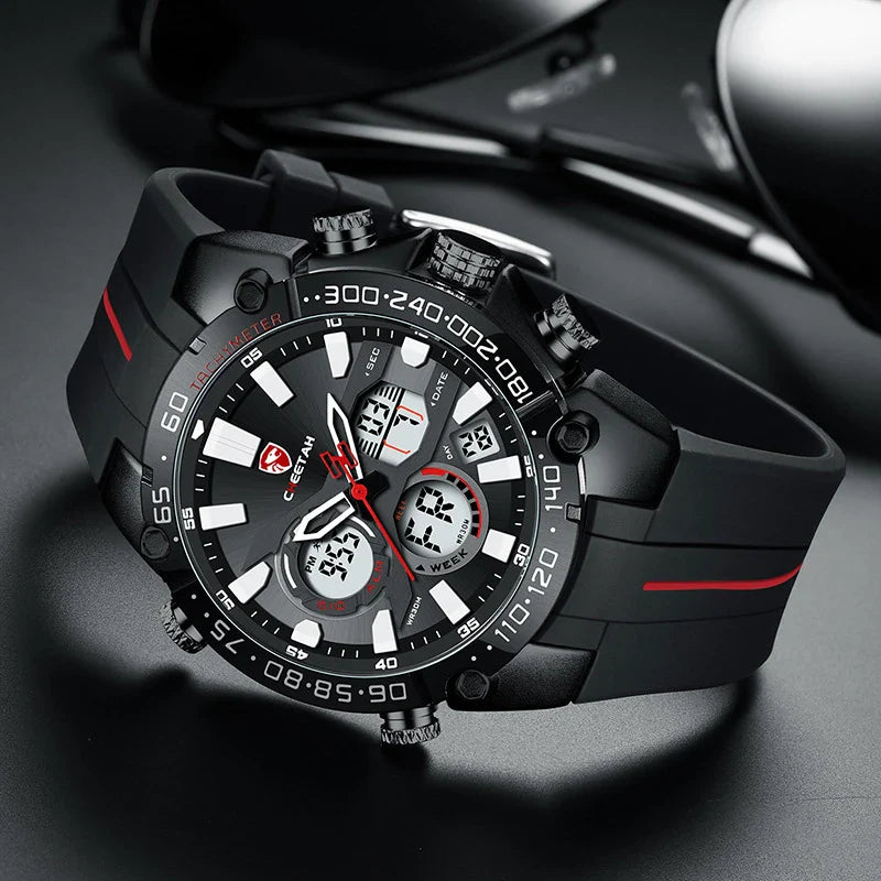 Multifunctional men's waterproof quartz watch with stainless steel case and silicone strap in rose gold black colour