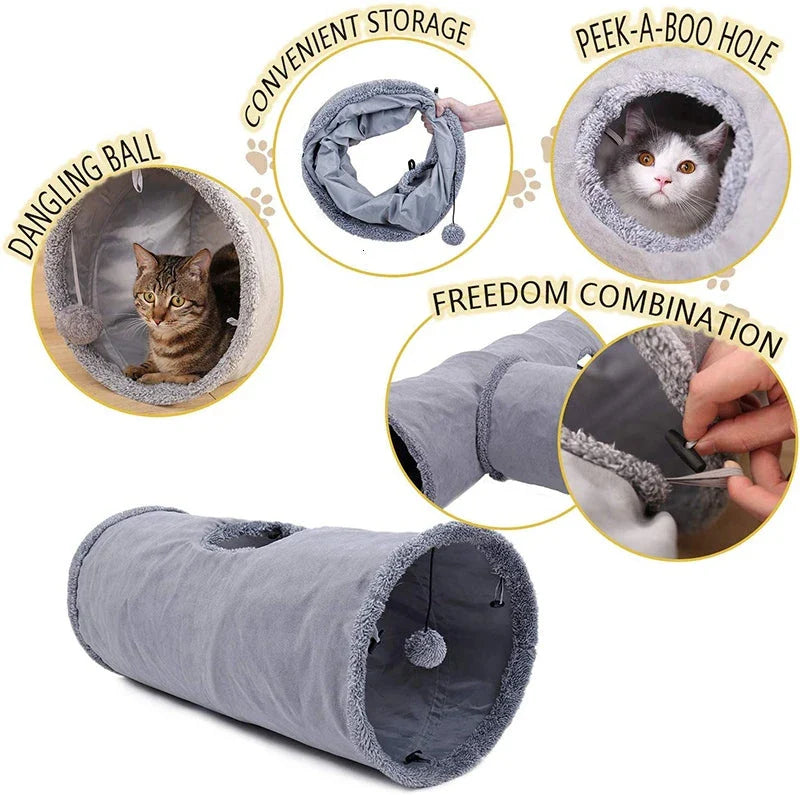 A collapsible cat tunnel made of crinkle suede with a peek-a-boo hole and dangling ball, providing a stimulating and entertaining play experience for cats.