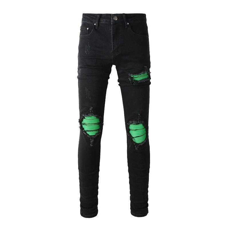 Premium ripped black jeans with stylish green patchwork design, made with medium-elastic fabric for comfort and a slim, flattering silhouette.