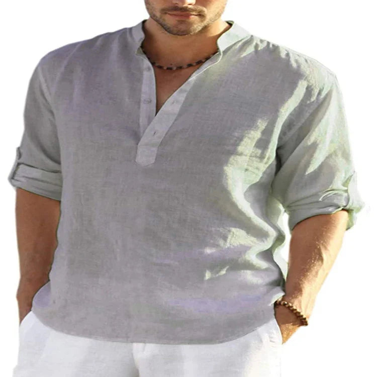 Men's casual long-sleeve cotton linen shirt with stand collar, available in a variety of colours