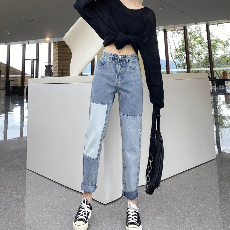 Premium high-waisted straight-leg denim trousers in light blue for autumn fashion
