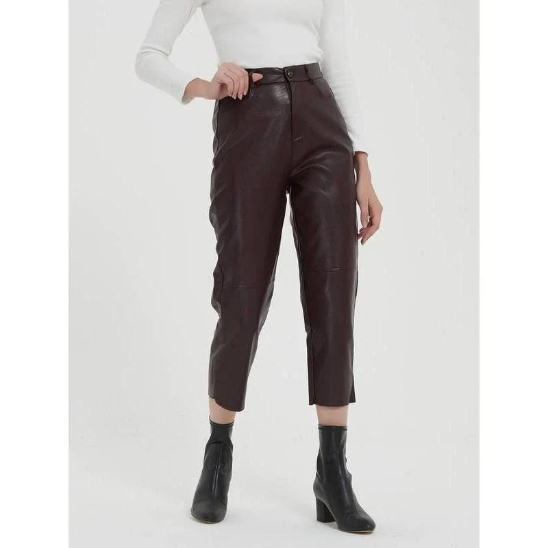 Pair of high-waisted, ankle-length faux leather trousers in a classic brown colour