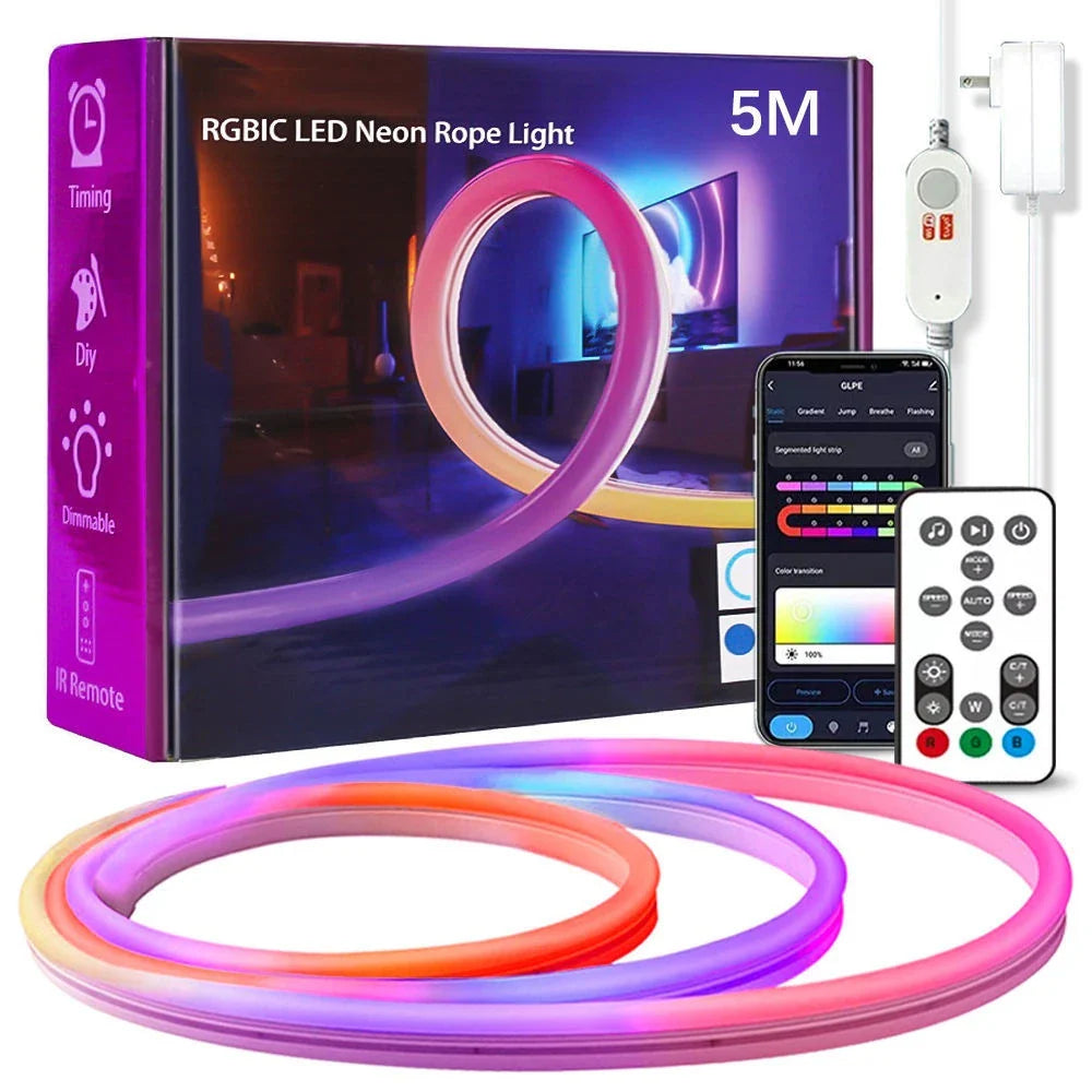 Colour-changing outdoor ambience light with vibrant neon strip illumination and weatherproof design