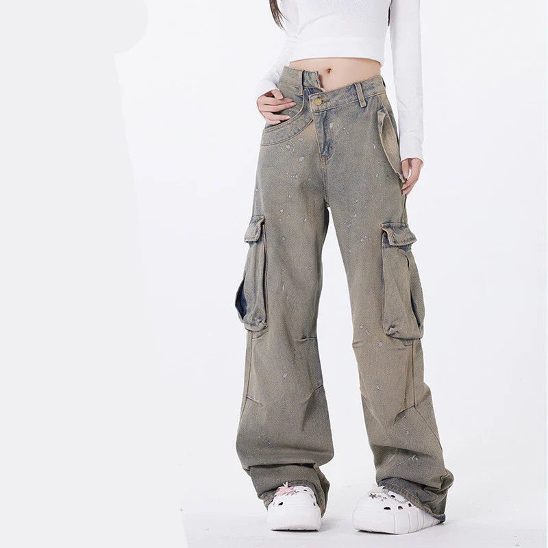 Premium cotton denim cargo trousers with a retro-inspired design, perfect for British street fashion
