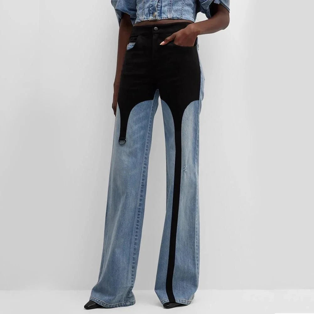 Women's stylish high-waist wide-leg jeans with contrast stitching in black and blue