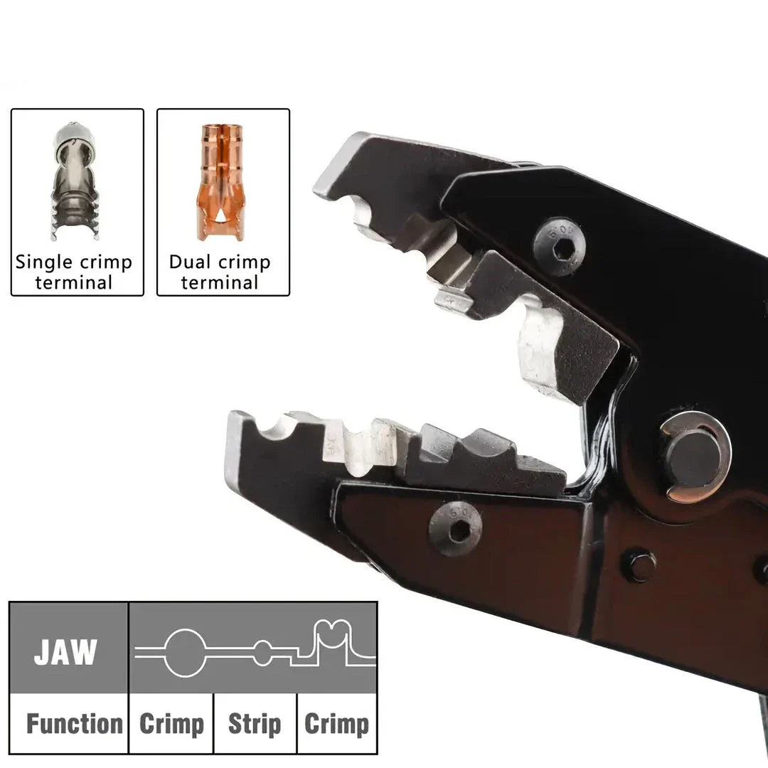 Premium crimping pliers with European-style handles and carbon steel construction for precise, professional-grade terminal crimping