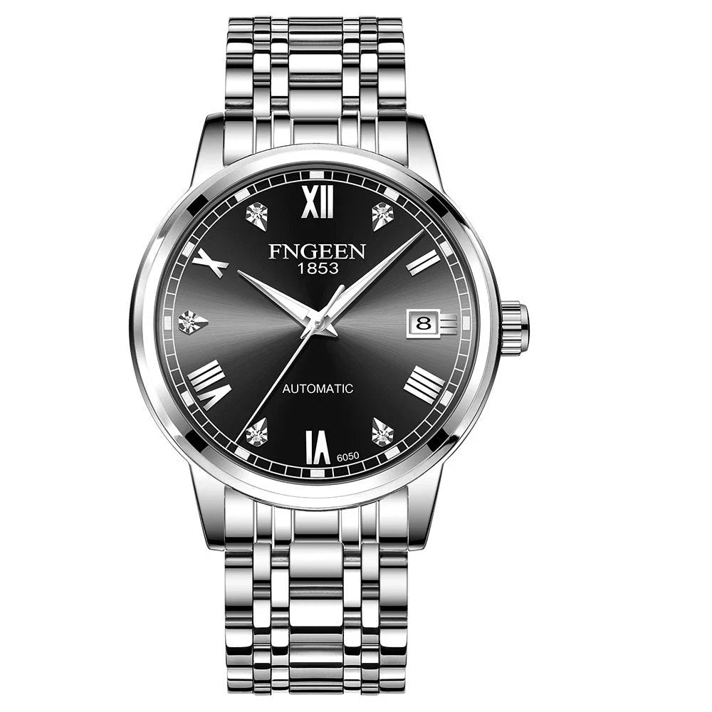 Premium automatic mechanical watch with leather strap, featuring a stainless steel case, luminous hands and markers, and a stylish British-inspired design