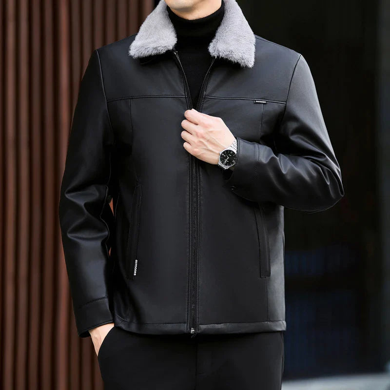 A premium leather down jacket for men, featuring a sleek and sophisticated design with warm insulation for the autumn and winter seasons.