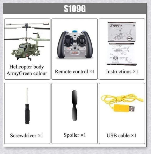 Military-inspired RC helicopter with gyroscope stabilisation and vibrant LED lights for indoor aerial maneuvers and stunts