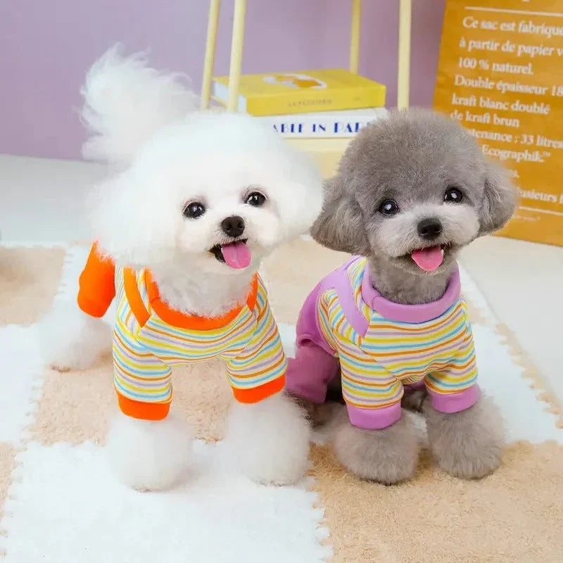 Cosy striped dog jumpsuit pyjamas in various sizes, providing warmth and comfort for your furry friend during the autumn season.