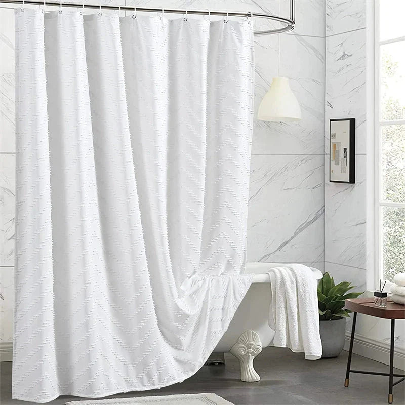Modern Farmhouse Waterproof White Shower Curtain with Chevron Tufted Pattern